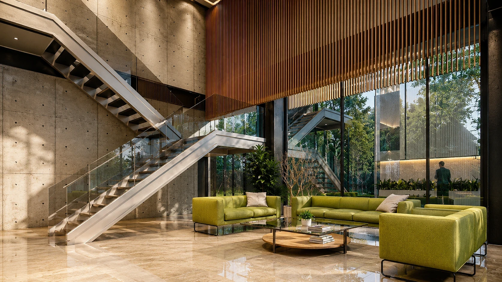 Floating Steel Stair, Glass Atrium | Cadet Dormitory Reception Lobby | Bohol, Philippines