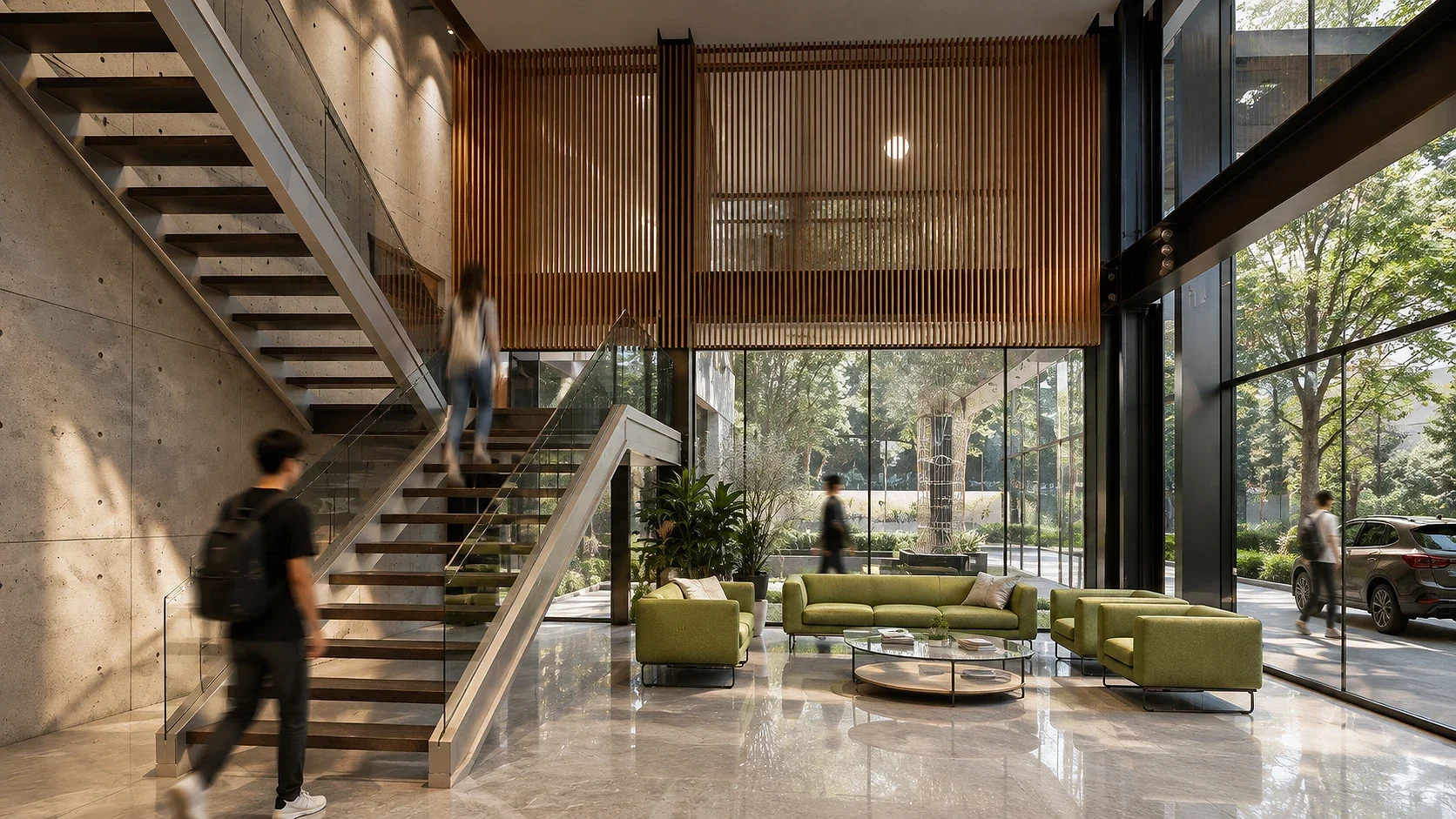 Floating Steel Stair, Glass Atrium | Cadet Dormitory Reception Lobby | Bohol, Philippines