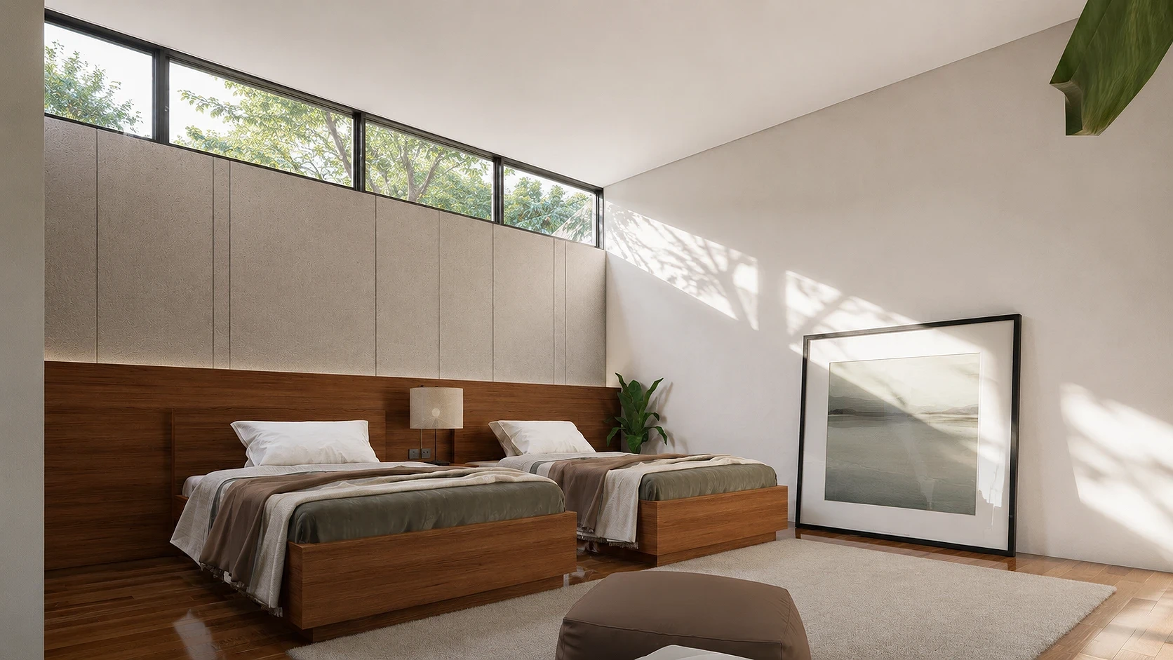 Sunlit Walnut Retreat, Clerestory Natural Light | Parañaque City, Philippines | Twin Guest Bedroom Interior