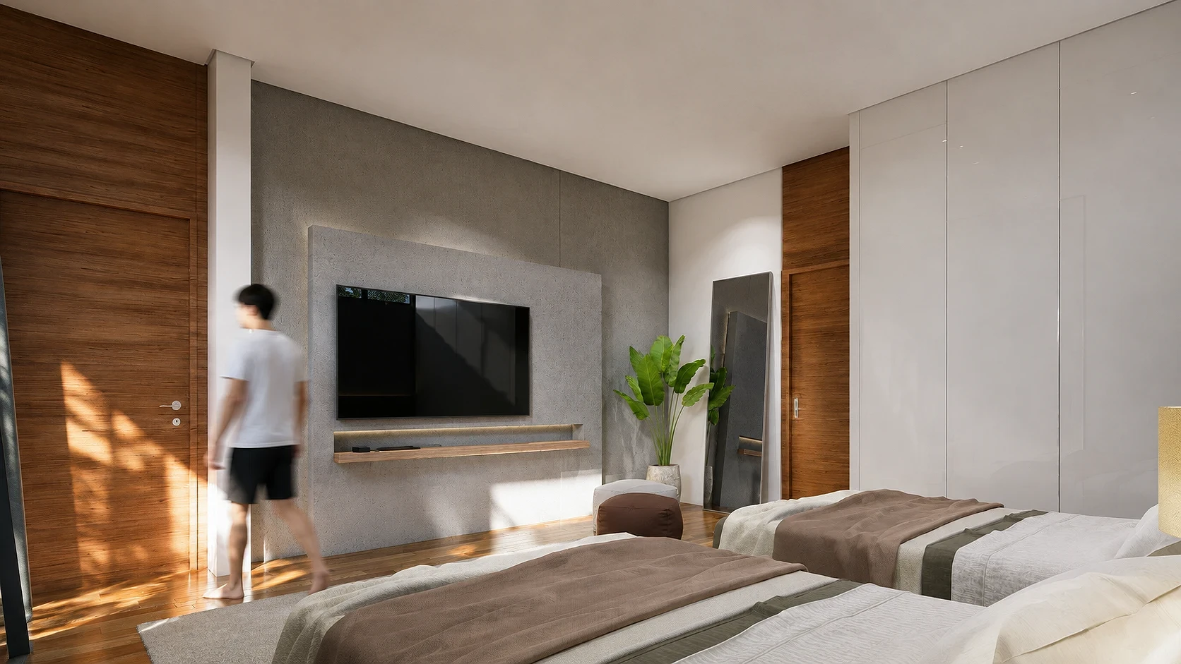 Sunlit Walnut Retreat, Clerestory Natural Light | Parañaque City, Philippines | Twin Guest Bedroom Interior