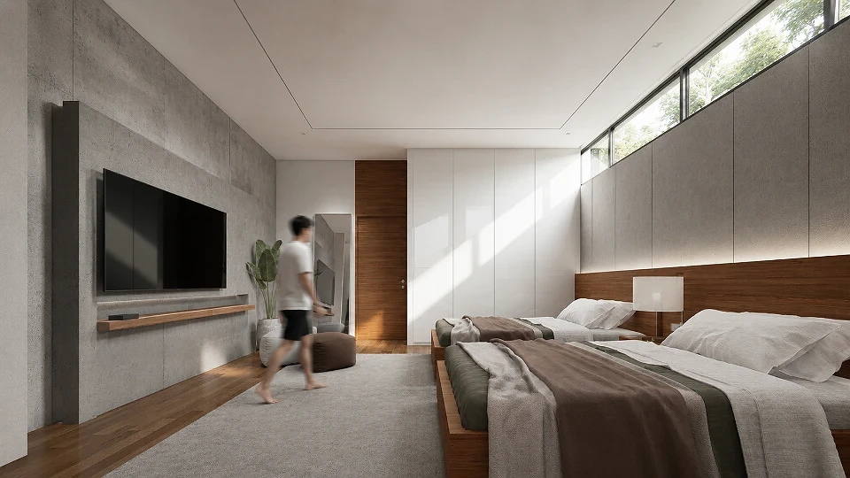 Sunlit Walnut Retreat, Clerestory Natural Light | Parañaque City, Philippines | Twin Guest Bedroom Interior